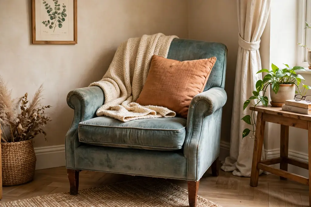 Secondhand armchair refreshed with a throw and a cushion in a living room corner.