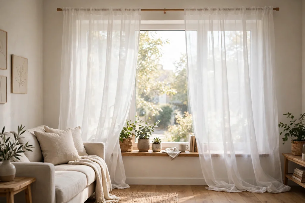 Living room window with sheer white curtains softening bright daylight.
