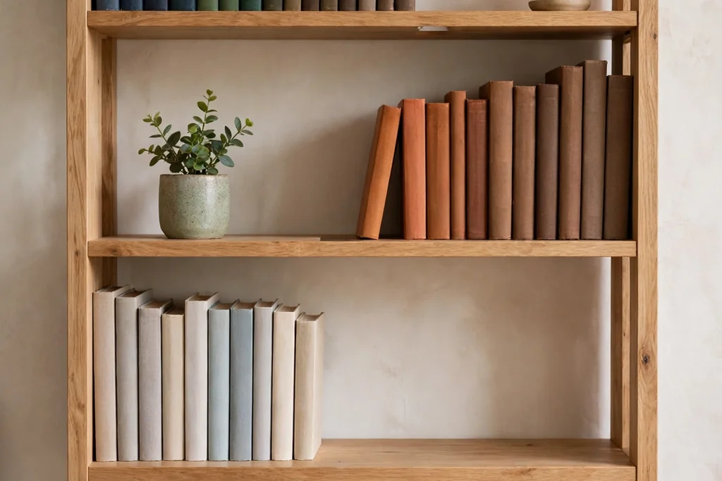 Bookshelf styled by height with gaps, a small plant, and a candle.