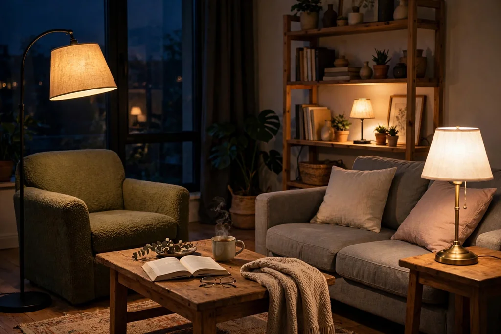 Evening living room lit by a floor lamp, a table lamp, and a small shelf lamp.