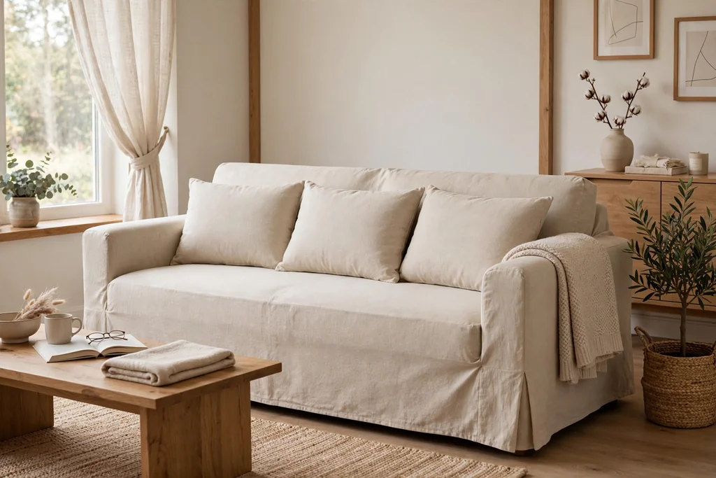 Plain sofa with a washable slipcover and neat tucked cushions in a living room.