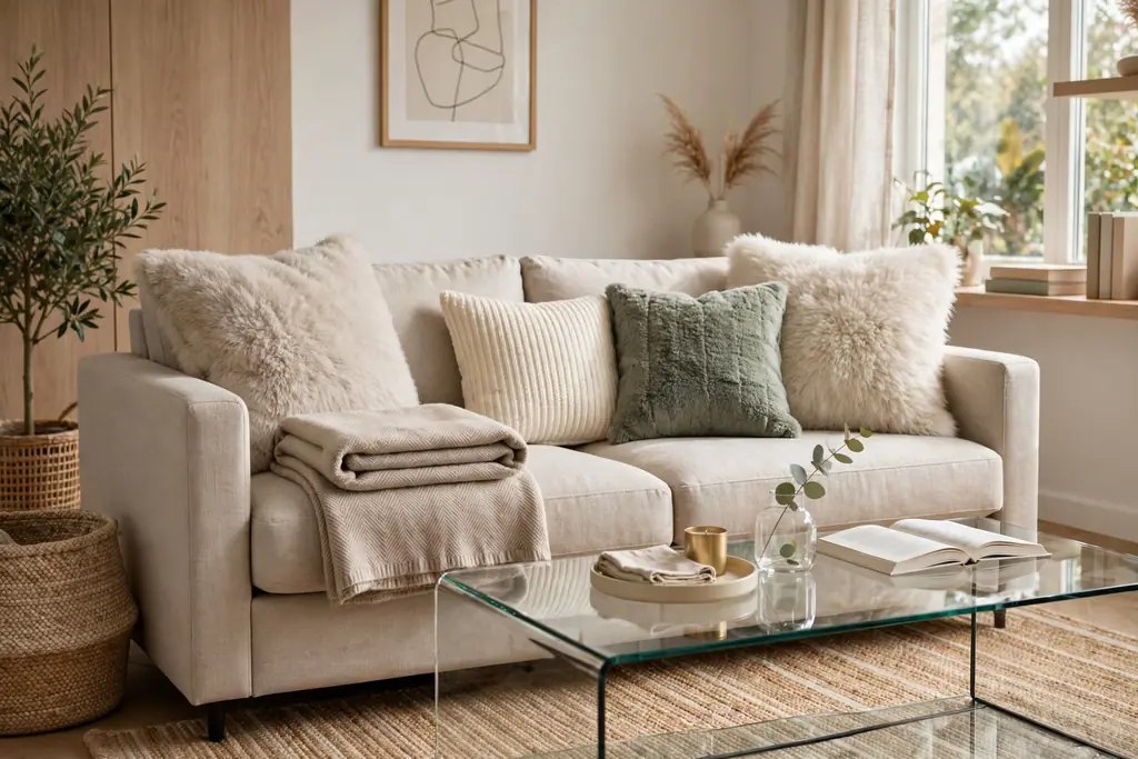 Tidy living room with fluffed cushions, folded throw, and a clear coffee table.