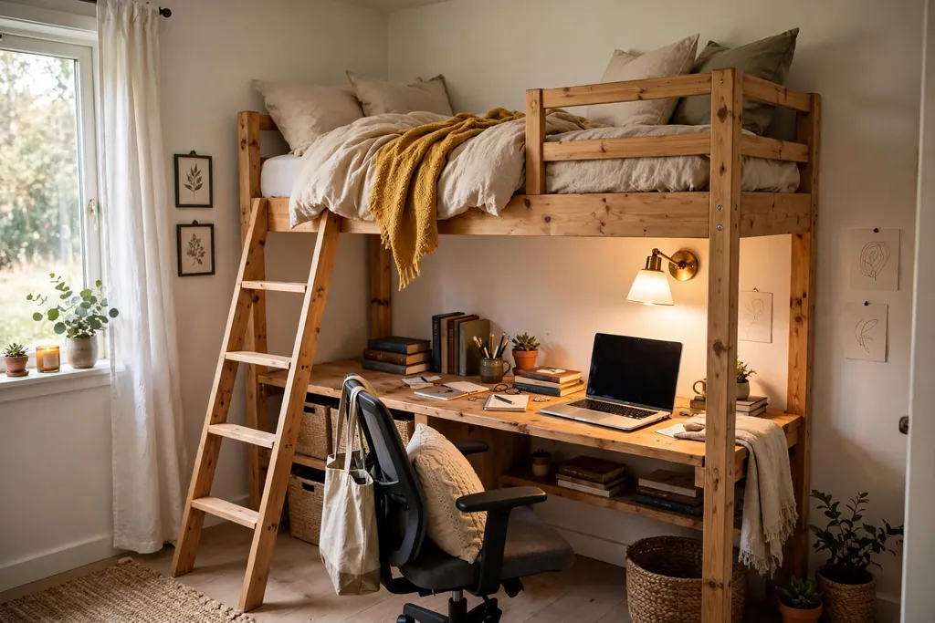 Twin loft bed with a study desk and chair below, a wall lamp, and books on the desk.