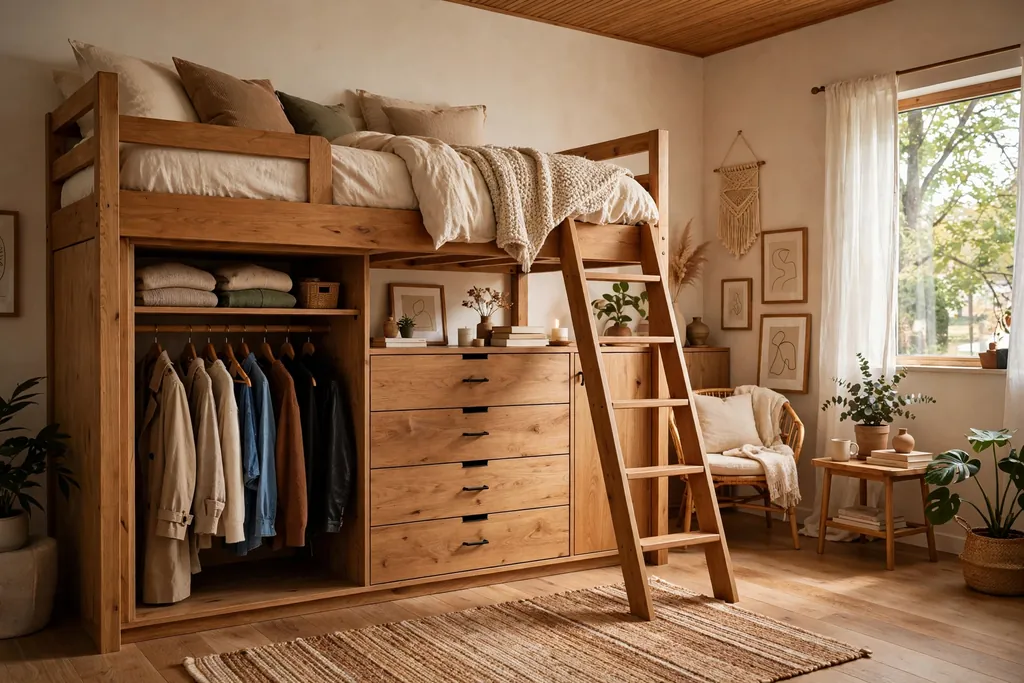 Loft bed with a wardrobe and drawer units fitted below the frame, clothes hanging neatly.