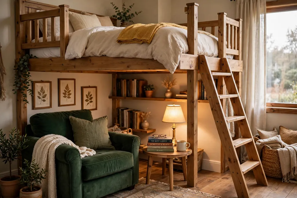 Loft bed with a deep armchair, rug, and reading lamp in a nook below.
