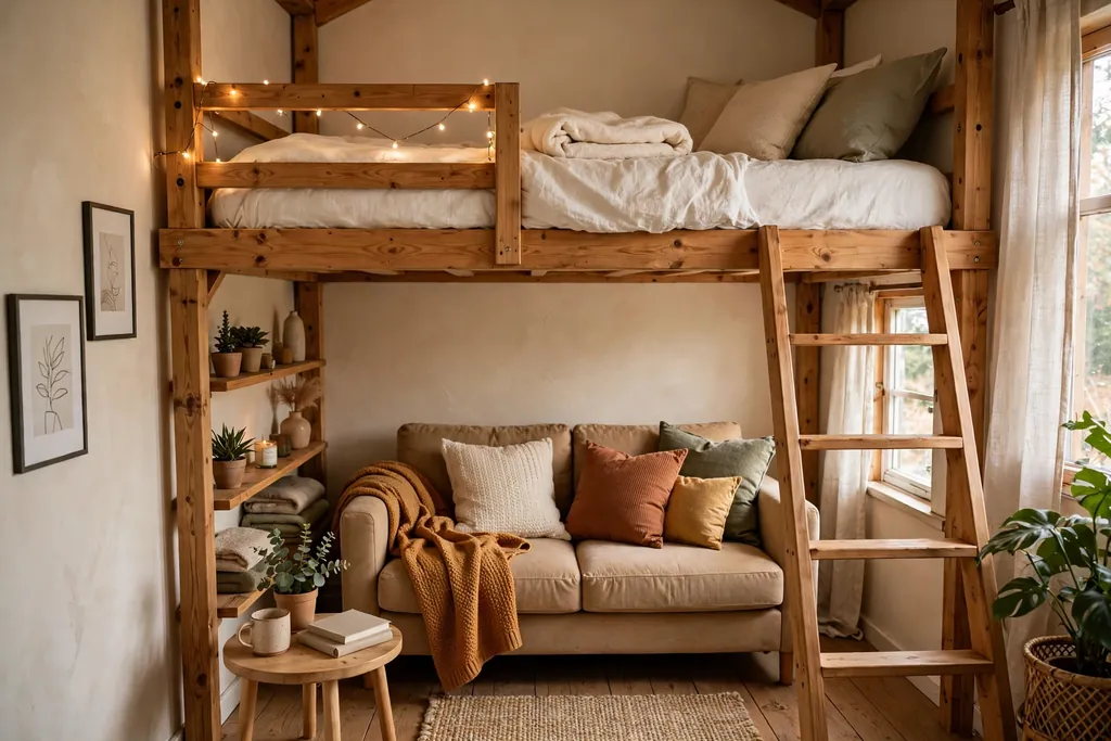 Loft bed with a small sofa, cushions, and a throw in a lounge below.