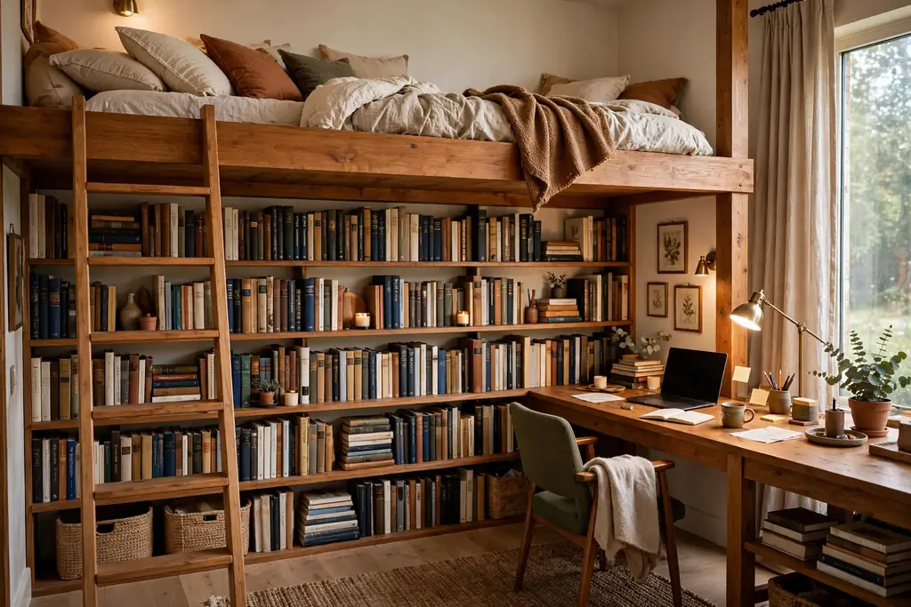 Loft bed with a desk and a full bookshelf wall fitted below the frame.