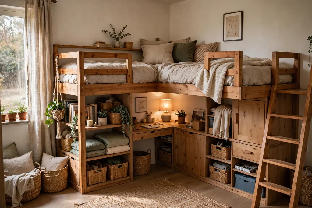 L shaped loft bed wrapped into a bedroom corner with shelves and storage below.