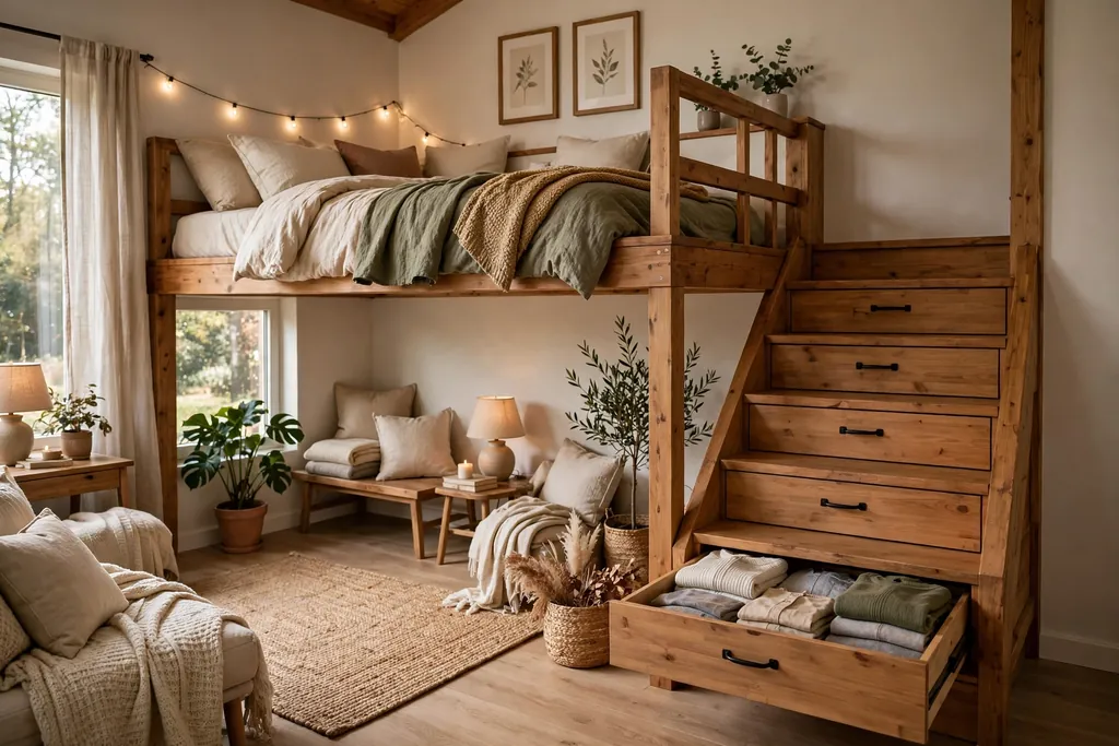 Loft bed reached by stairs with a pull out drawer in every step.