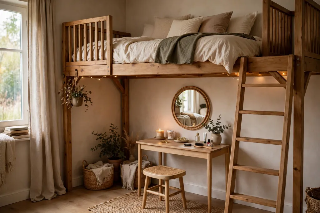 Loft bed with a narrow vanity table, mirror, and stool in a dressing corner below.