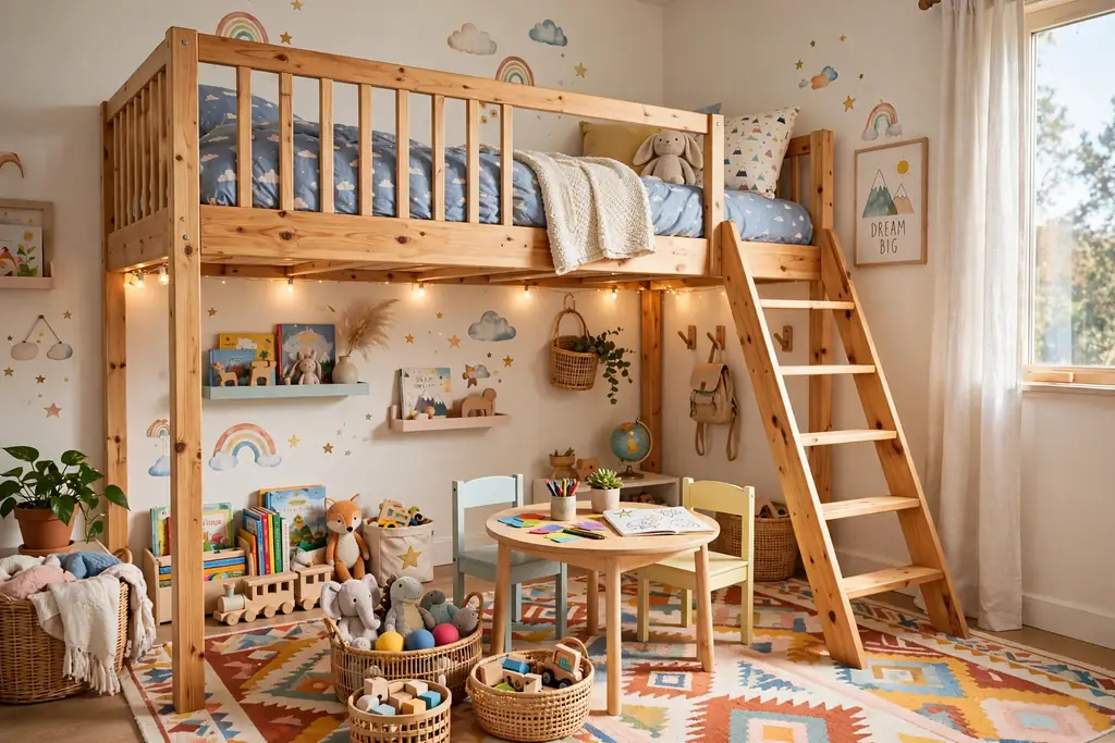 Child loft bed with a rug, toy baskets, and a small table in a play area below.