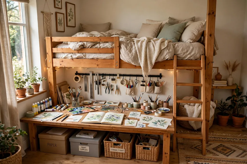 Loft bed with a craft table, wall tool rail, and supply boxes below.
