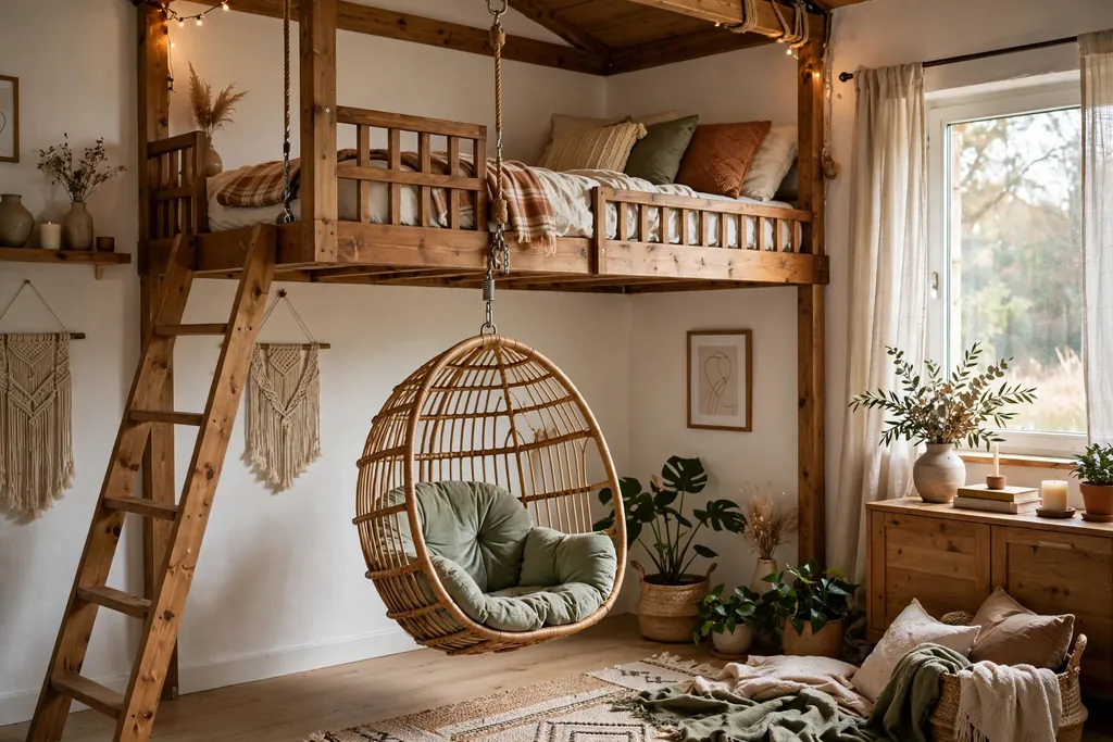Loft bed with a hanging chair and cushion swinging in the space below.