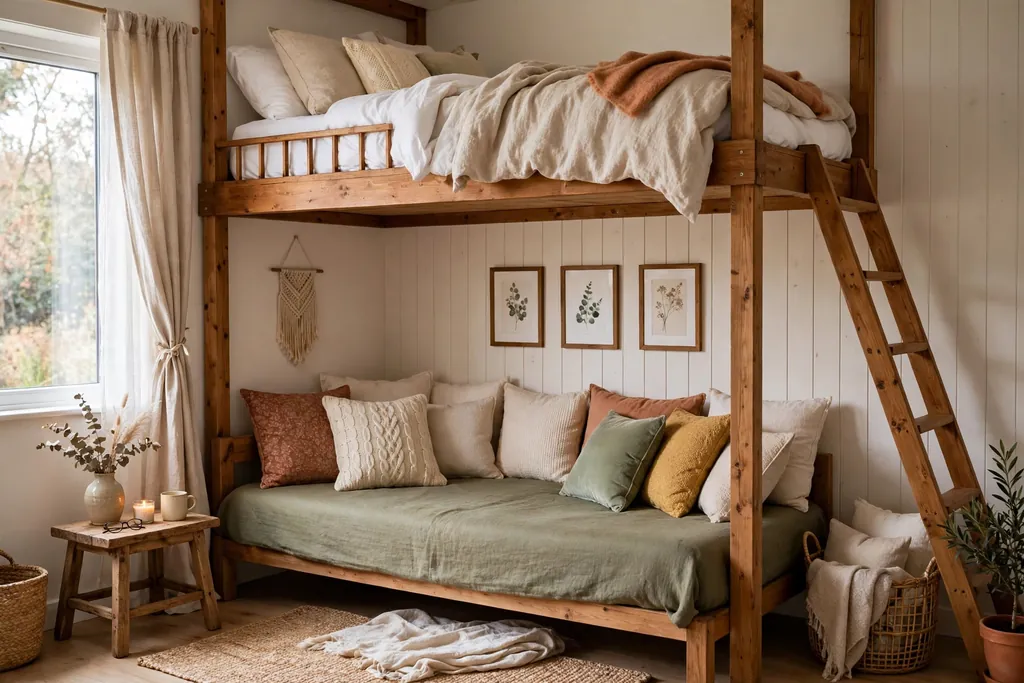 Loft bed with a daybed dressed as a sofa below, cushions along the wall.