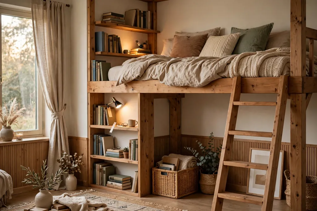Loft bed with shelves built into the headboard wall beside the mattress.