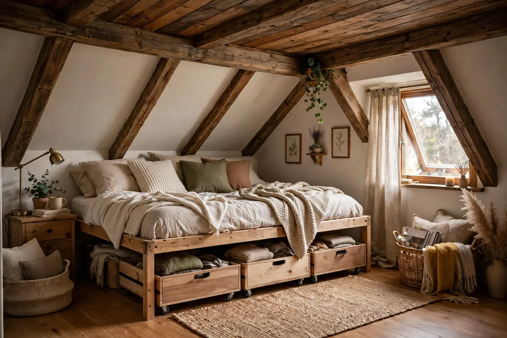 Low loft bed in a room with a low ceiling, with rolling drawers below.