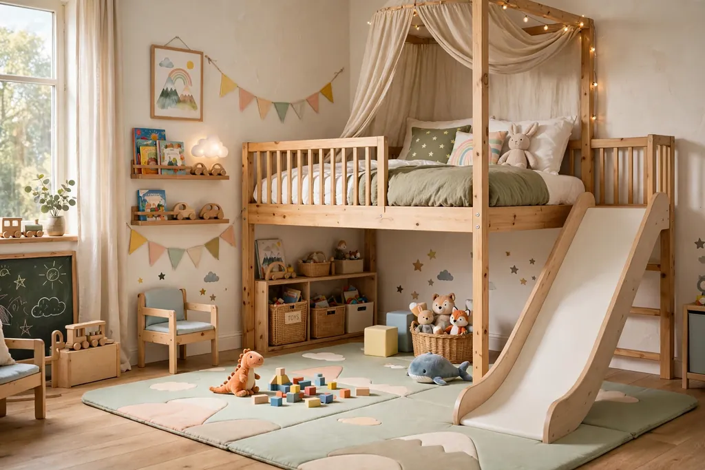 Kids loft bed with a slide on the open side and a soft mat at the bottom.