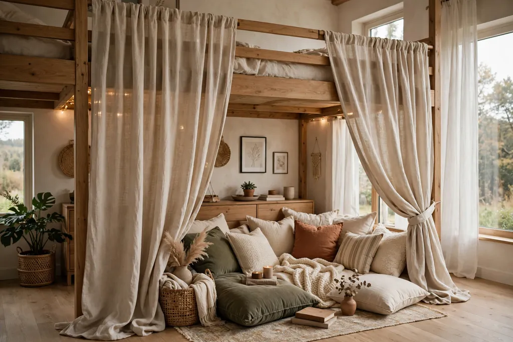 Loft bed with curtains hung from the frame, closing off a hideaway below.