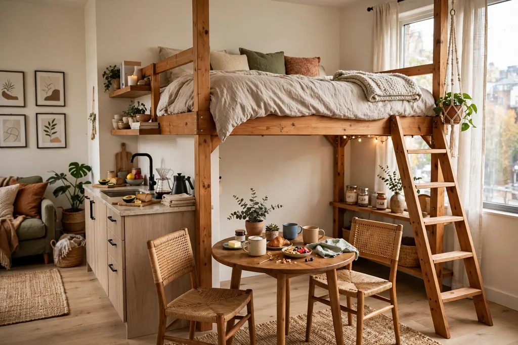 Studio loft bed with a small round table and two chairs in a breakfast nook below.