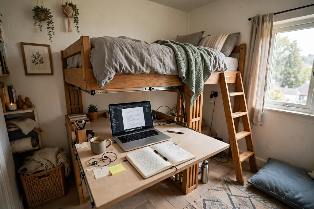 Loft bed with a pull out desk slid out from below, laptop and notebook on top.