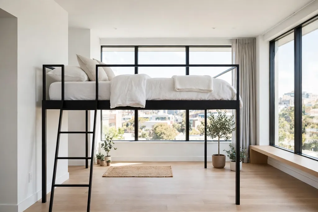 Slim black metal loft bed frame with simple bedding and open space below.