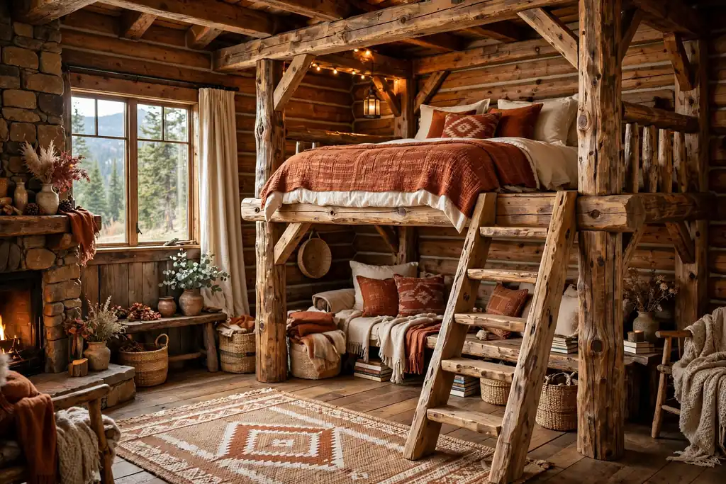Chunky natural wood cabin style loft bed with cream and rust bedding.