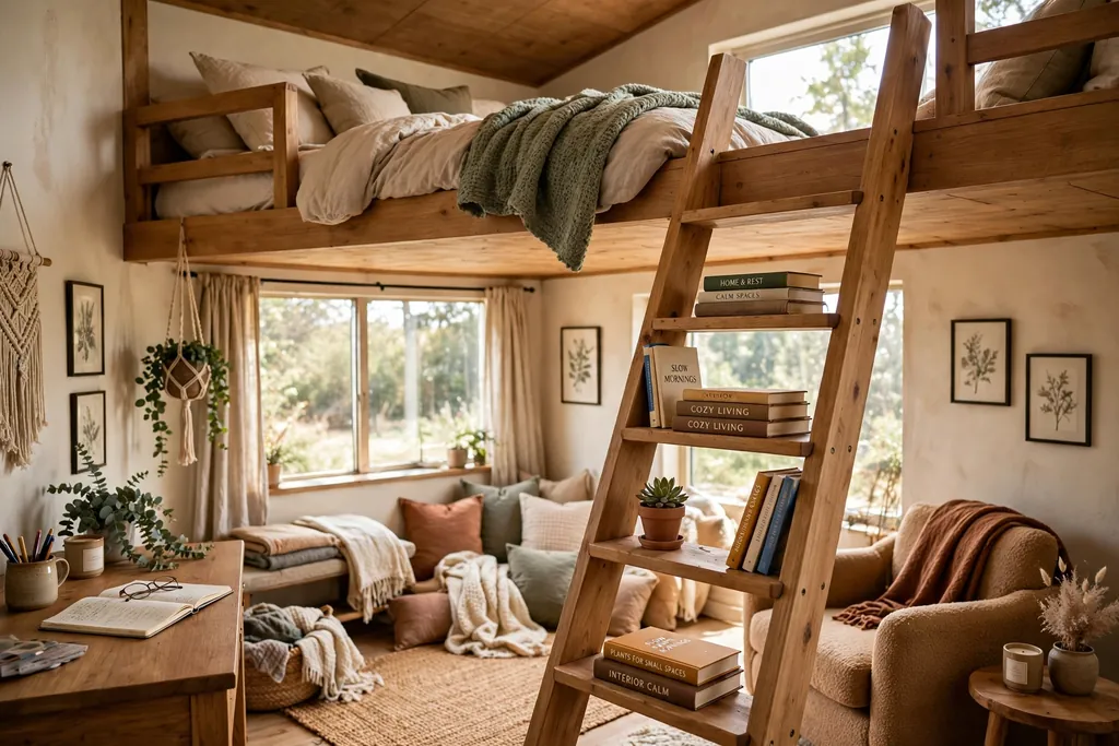 Loft bed with a wide angled ladder holding books and a small plant on its rungs.