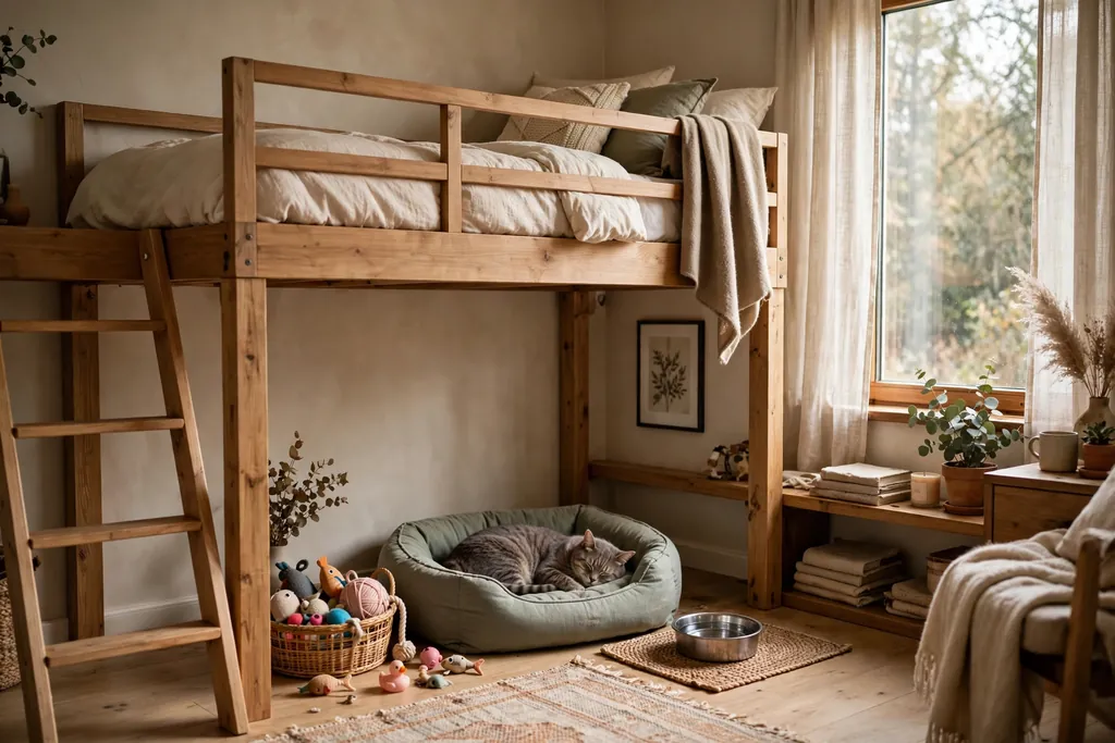 Loft bed with a pet bed, water bowl mat, and toy basket in a corner below.