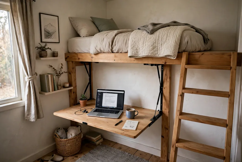 Loft bed with a fold down wall table open below, a laptop and mug on top.