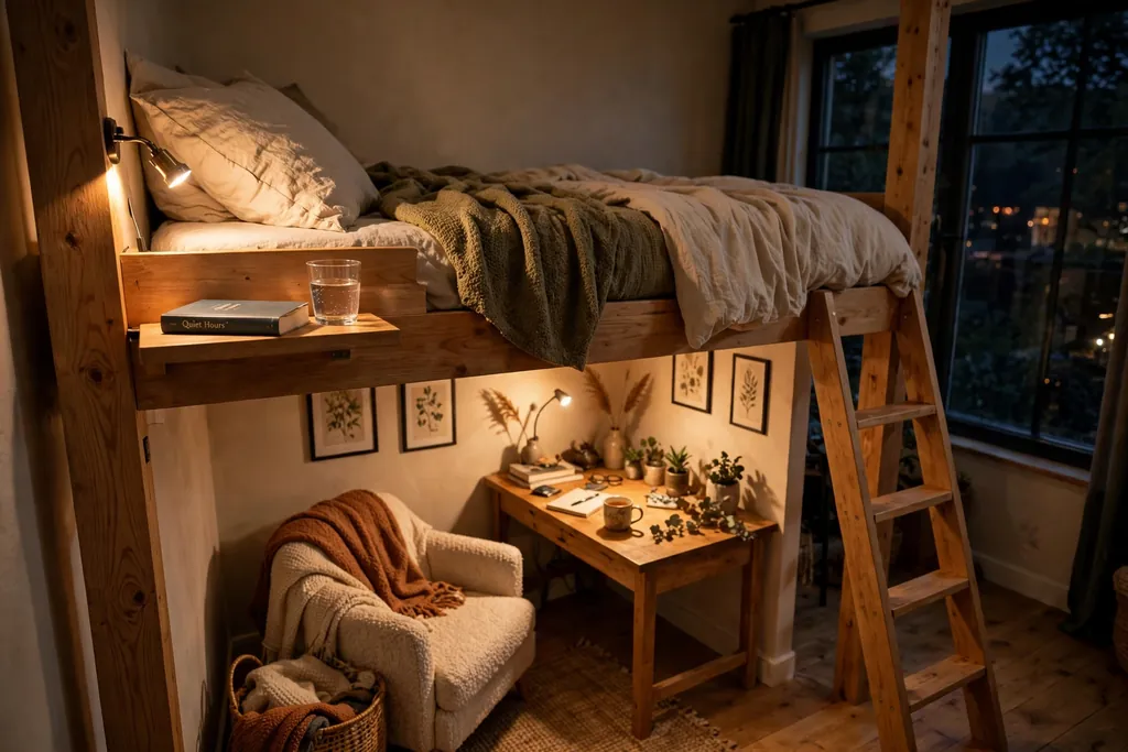 Loft bed with a warm reading light and a small shelf holding a book and water glass.