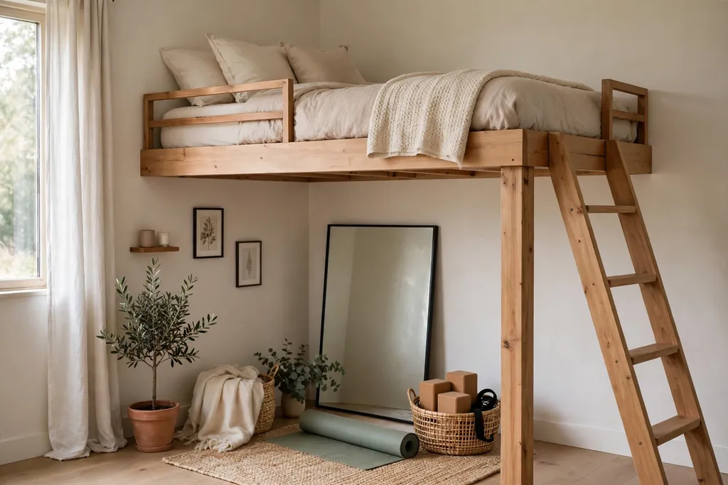 Loft bed with a yoga mat, blocks basket, and wall mirror in a corner below.