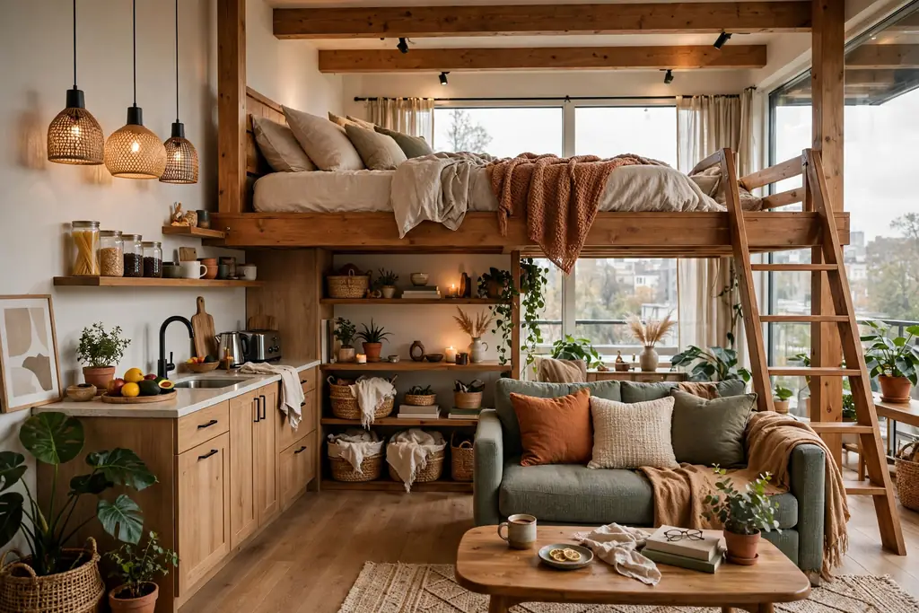Loft bed placed across a studio, dividing the sleep zone from the living zone.