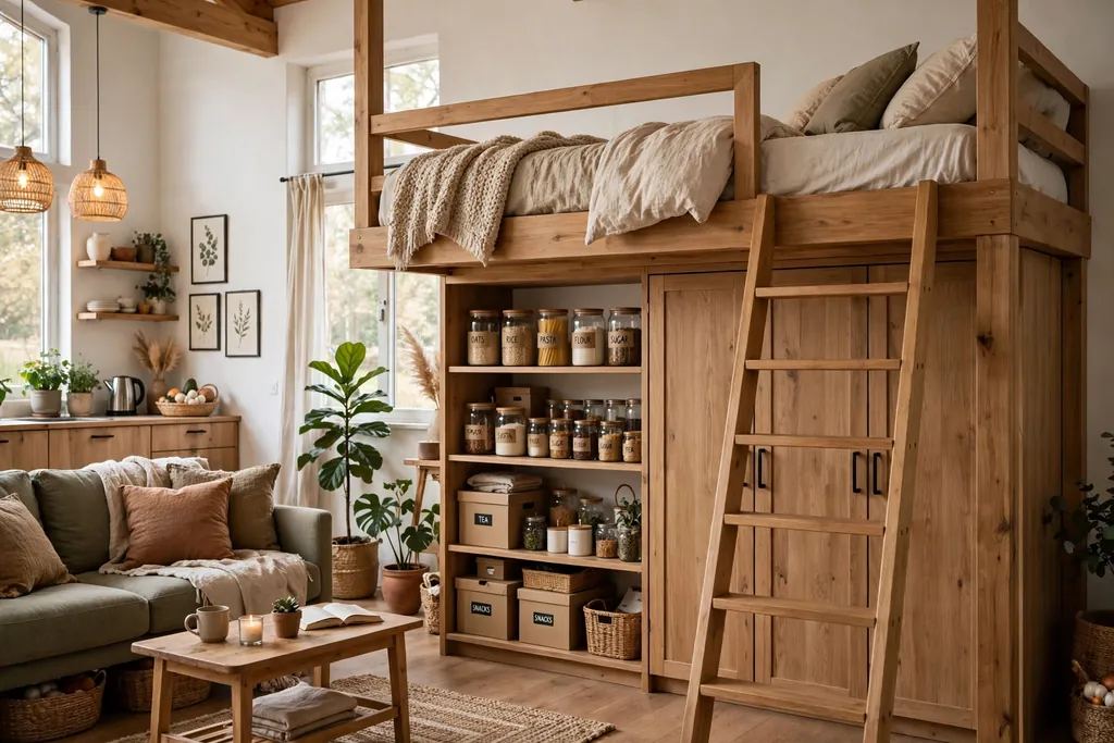 Studio loft bed with closed pantry cabinets and shelving fitted below one end.