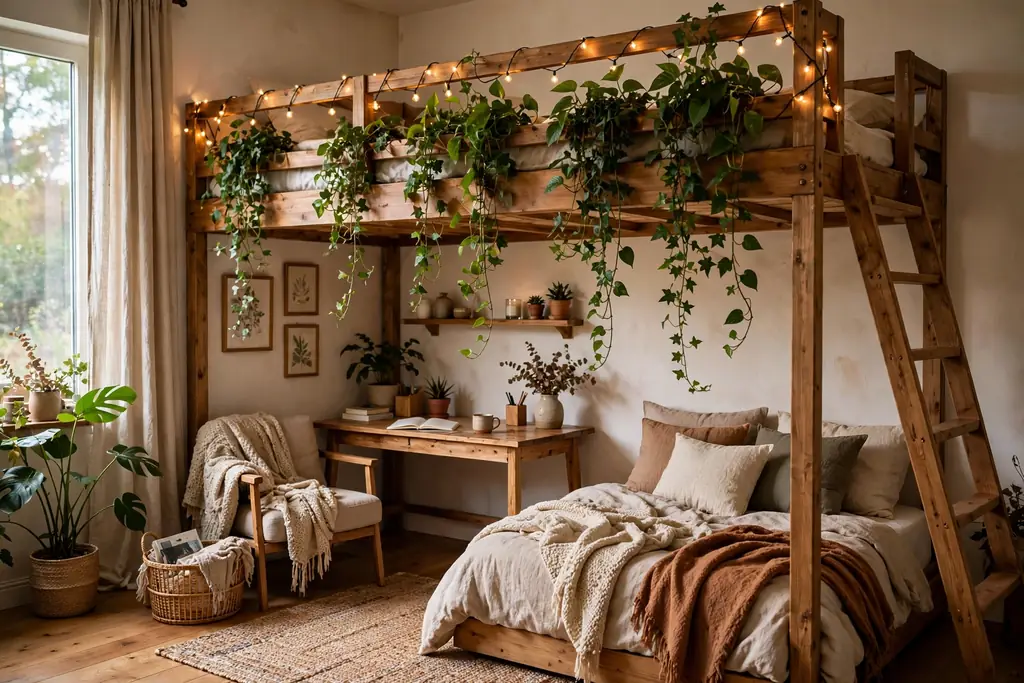 Loft bed with trailing plants and warm string lights along the guardrail.