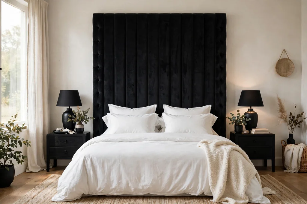Bedroom with a black velvet upholstered headboard and crisp white bedding.