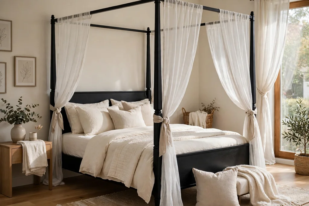 Bedroom with a black four-poster bed dressed with sheer white drapes.
