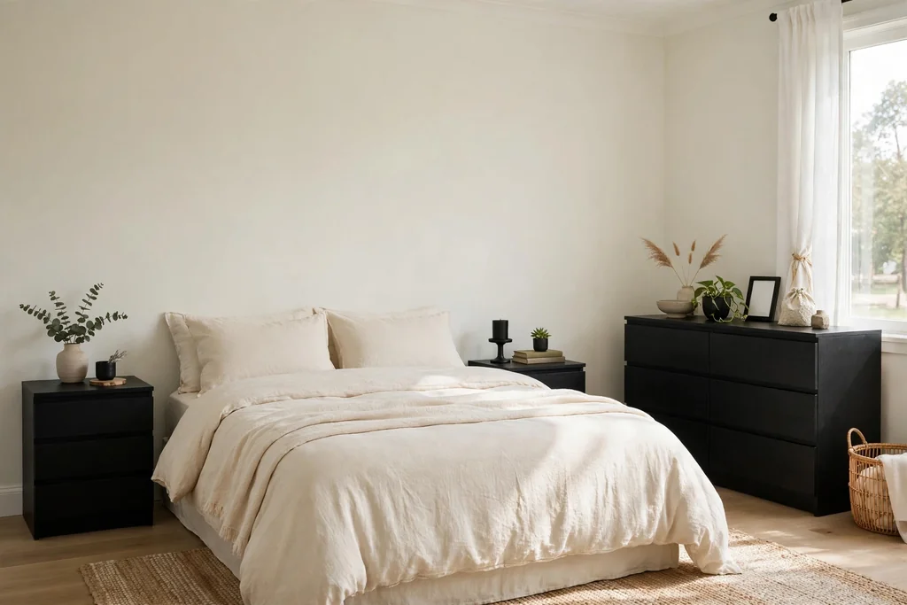 Bedroom with a matching black dresser and black nightstands beside a bed.