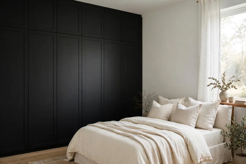 Bedroom with a floor-to-ceiling black wardrobe wall beside a bed with cream bedding.