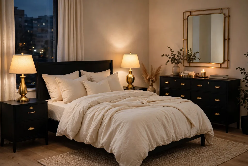 Bedroom with black furniture and brass lamp bases, drawer pulls, and a mirror frame.