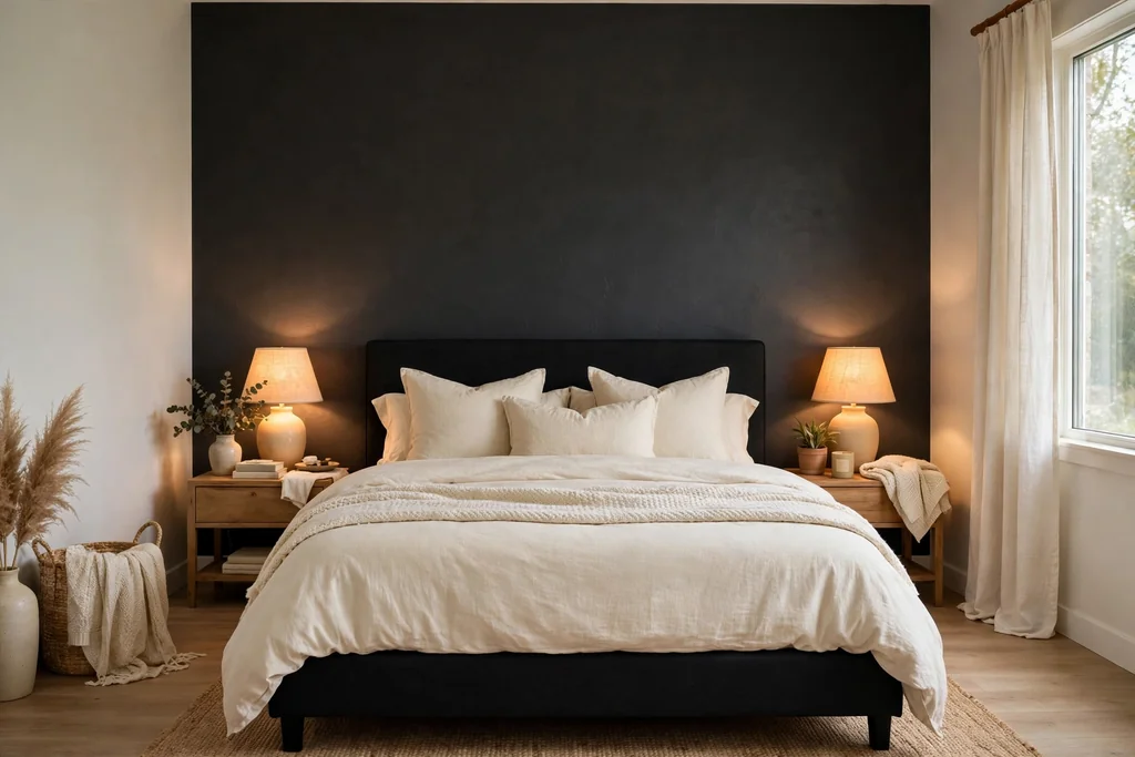 Bedroom with a black bed against a charcoal accent wall and warm bedside lamps.