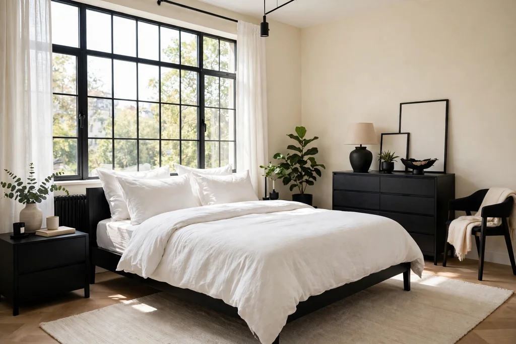 Bright bedroom with black furniture, cream walls, a light rug, and white bedding.