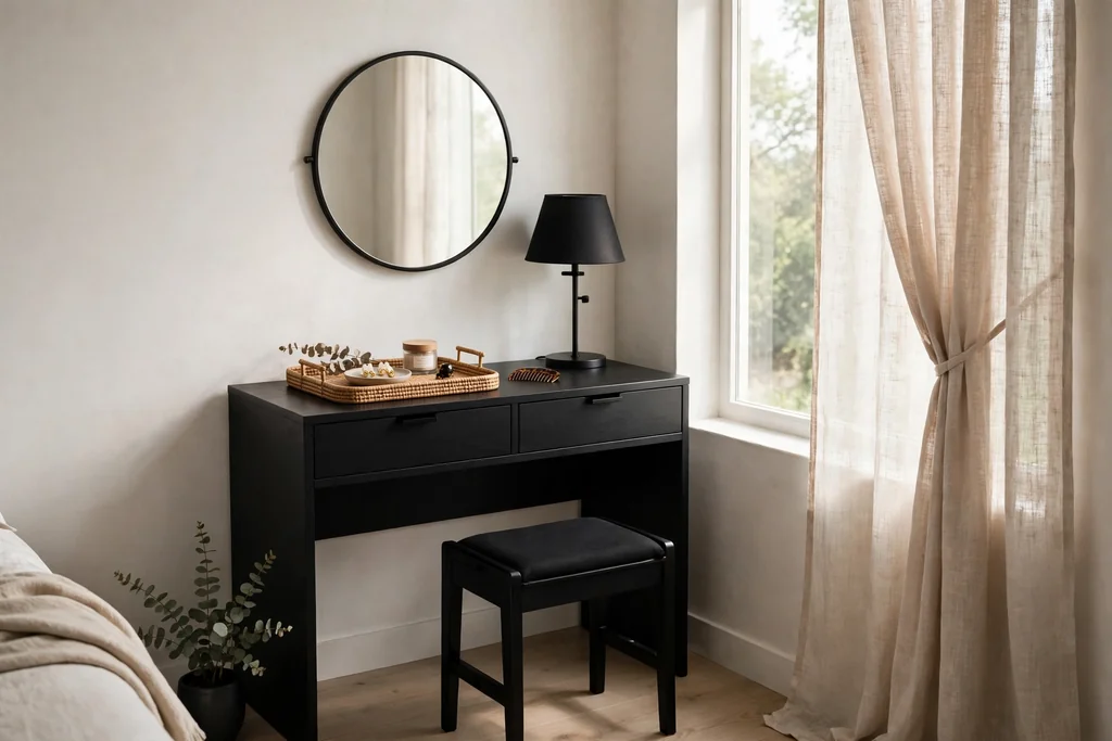 Bedroom corner with a black vanity table, mirror, and stool near a window.