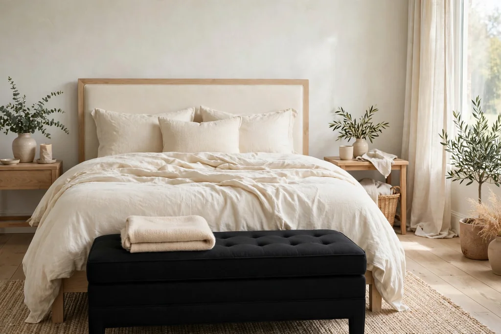 Bedroom with a black upholstered bench at the foot of a bed with cream bedding.