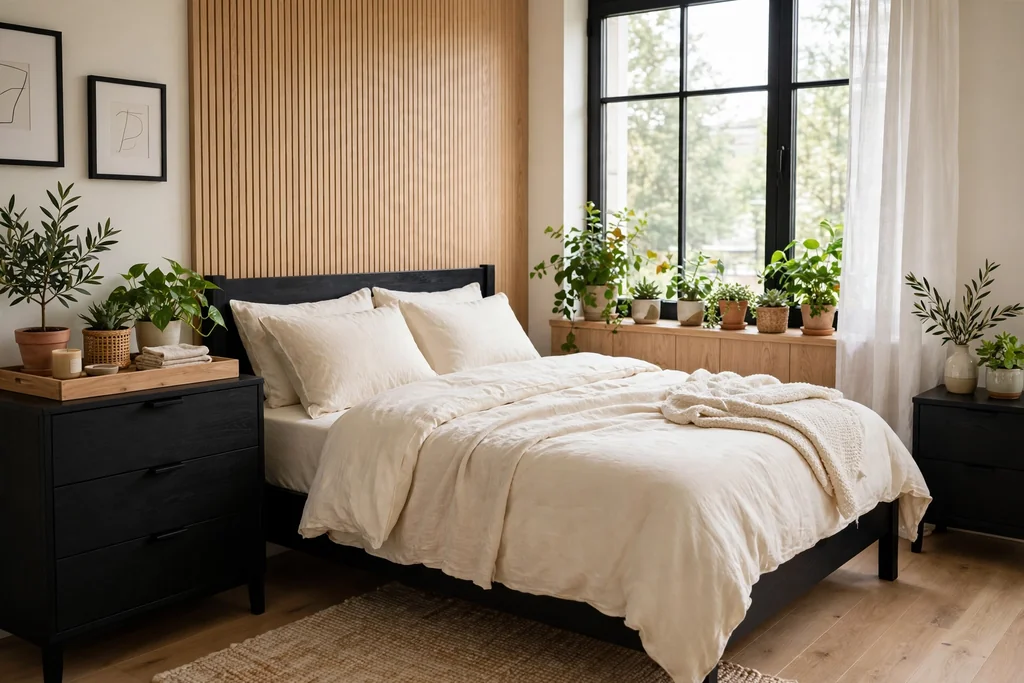 Bedroom with black furniture warmed by light wood tones and potted plants.