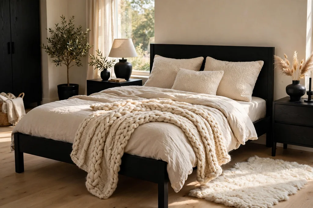 Bedroom with black furniture softened by boucle cushions, a wool throw, and linen bedding.
