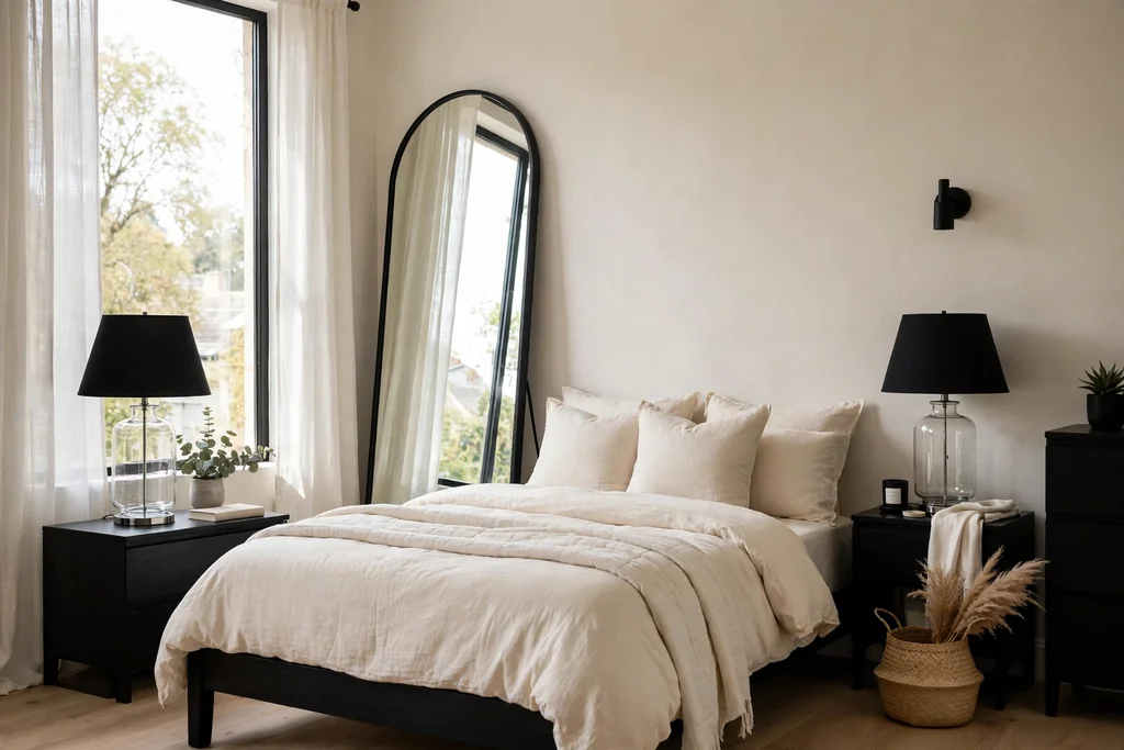 Bedroom with black furniture, a tall leaning mirror, and glass lamp bases catching daylight.