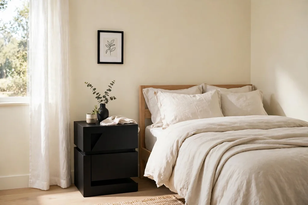 Small bedroom with one black nightstand as a statement piece and pale walls and bedding.