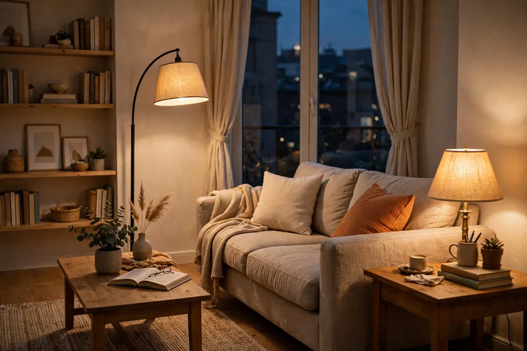 Apartment living room in the evening lit by a floor lamp and a table lamp beside a sofa