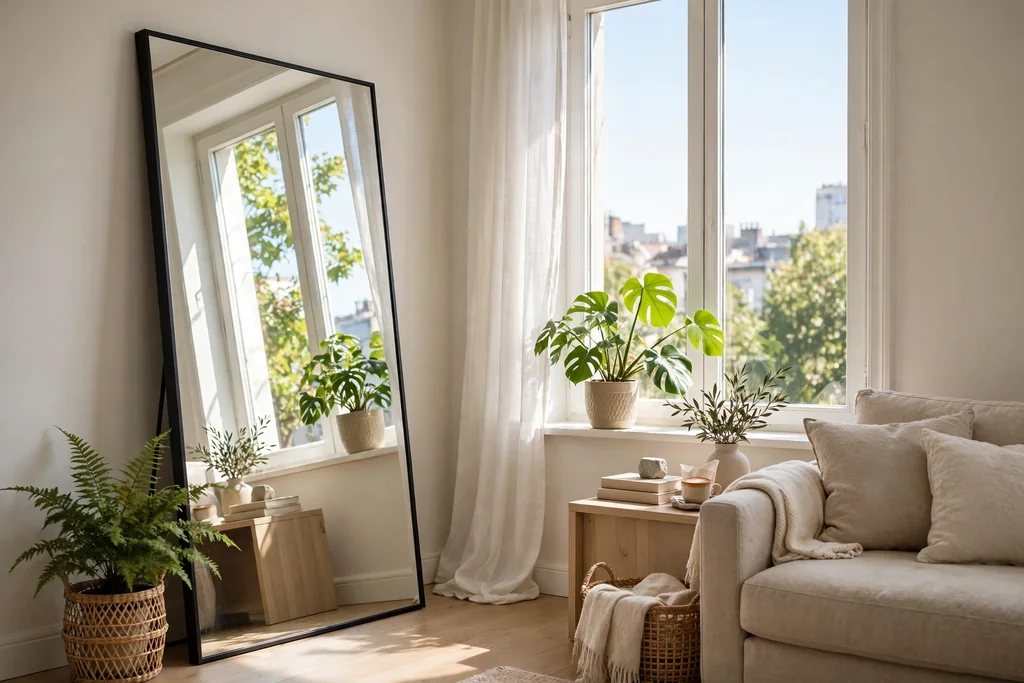 Large leaning mirror beside an apartment window reflecting daylight and a green plant
