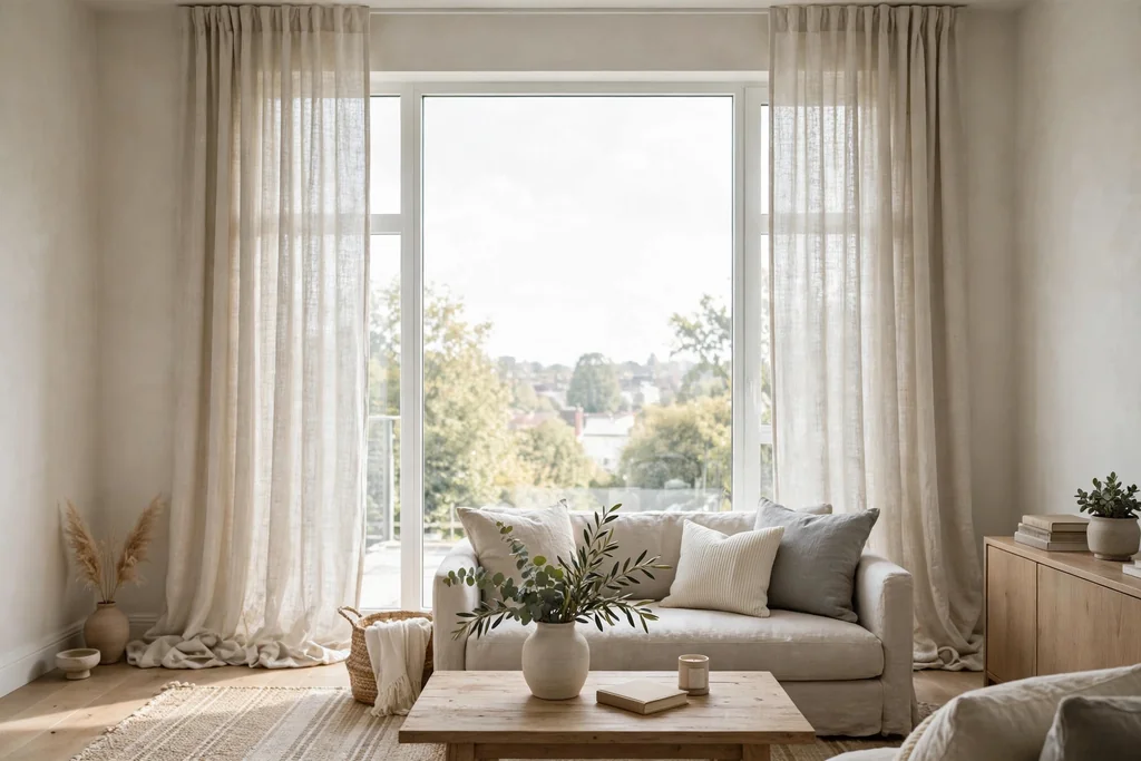 Tall linen look curtains hung high and wide over a bright apartment window